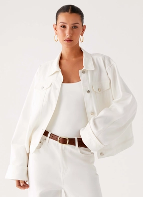 Back Again Oversized Denim Jacket - White Adjustable Cuff Design Articulated Knees