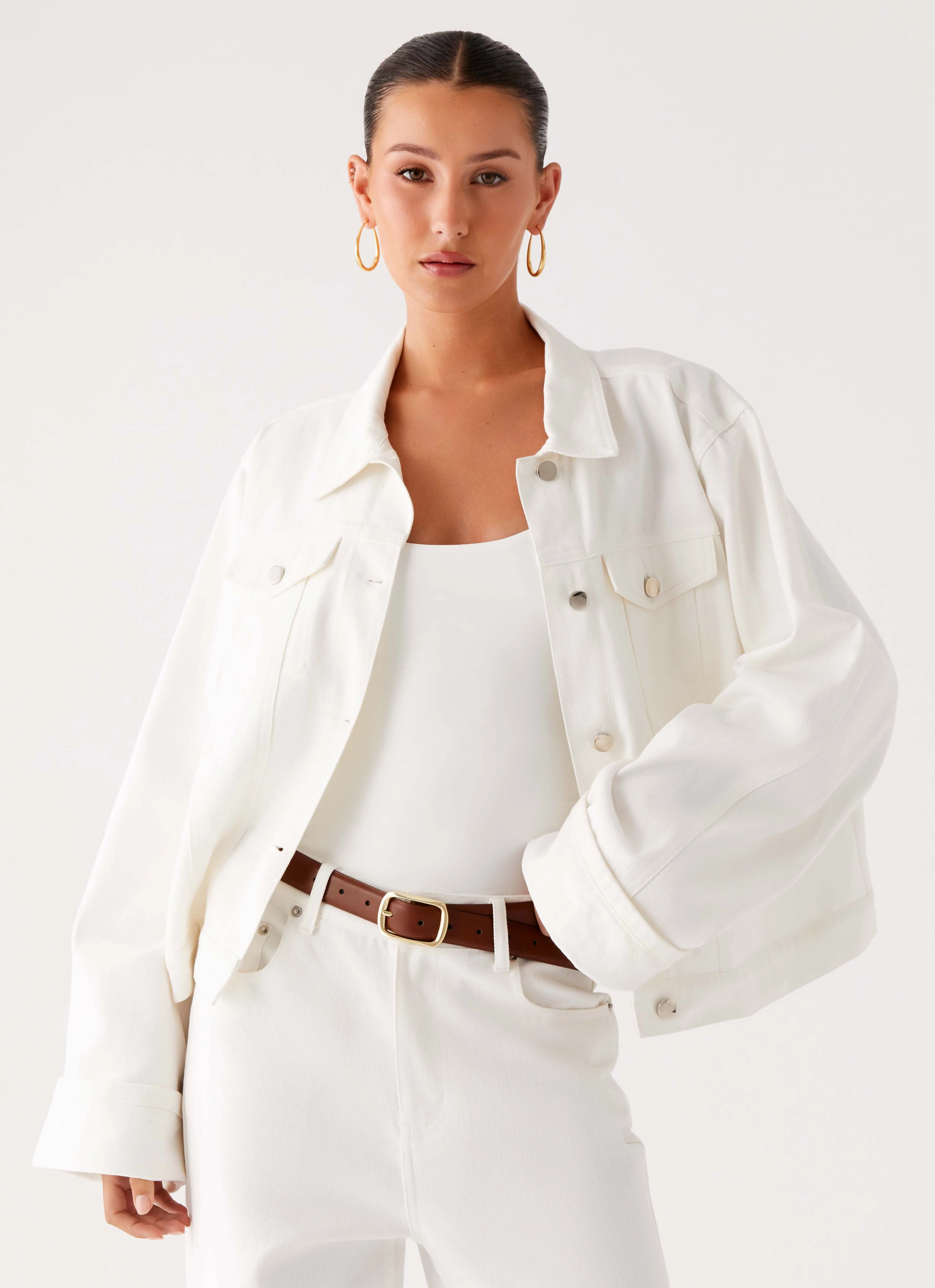 Back Again Oversized Denim Jacket - White Adjustable Cuff Design Articulated Knees
