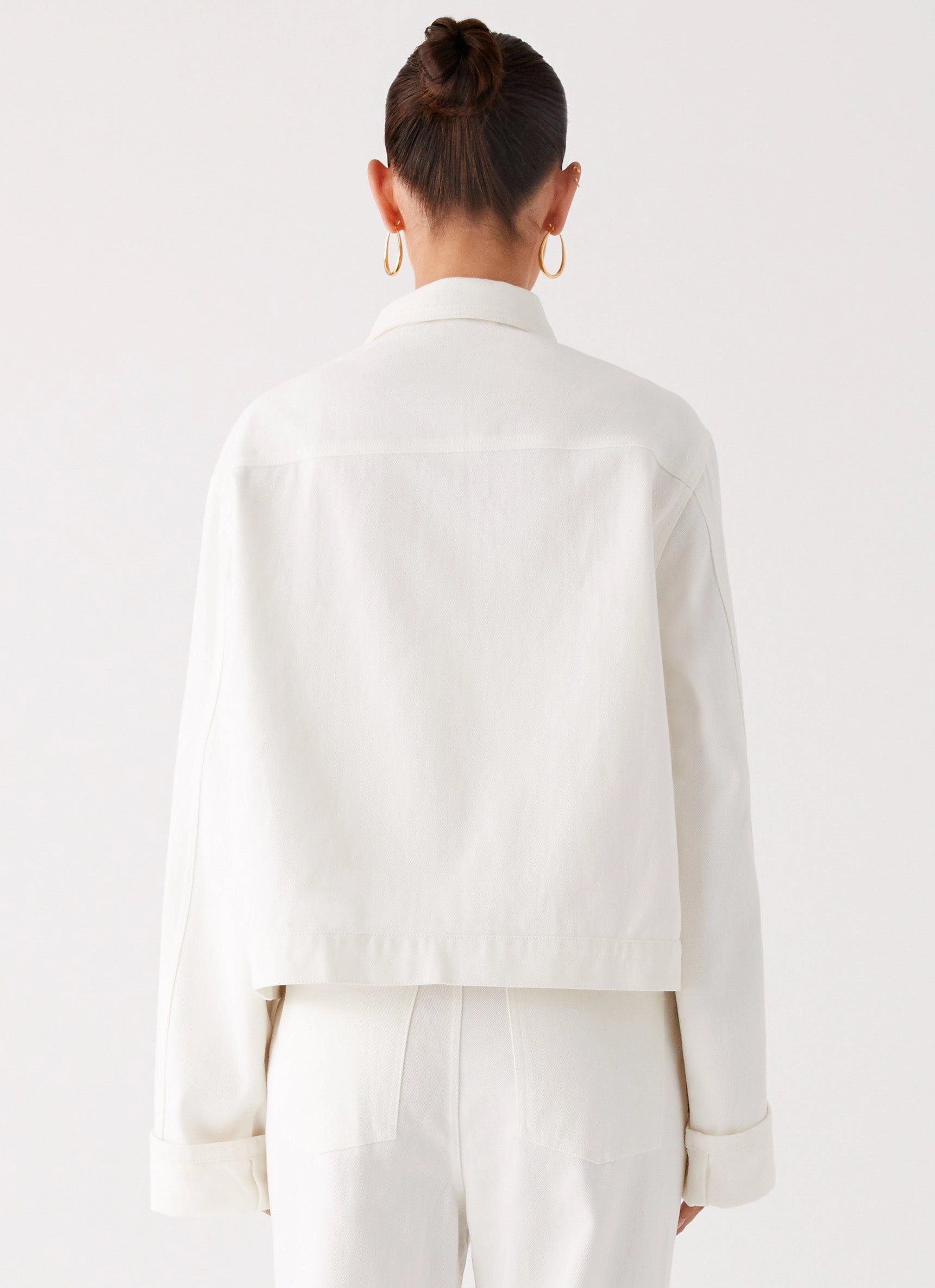 Back Again Oversized Denim Jacket - White Smooth Flat Collar Stretchable Waistband