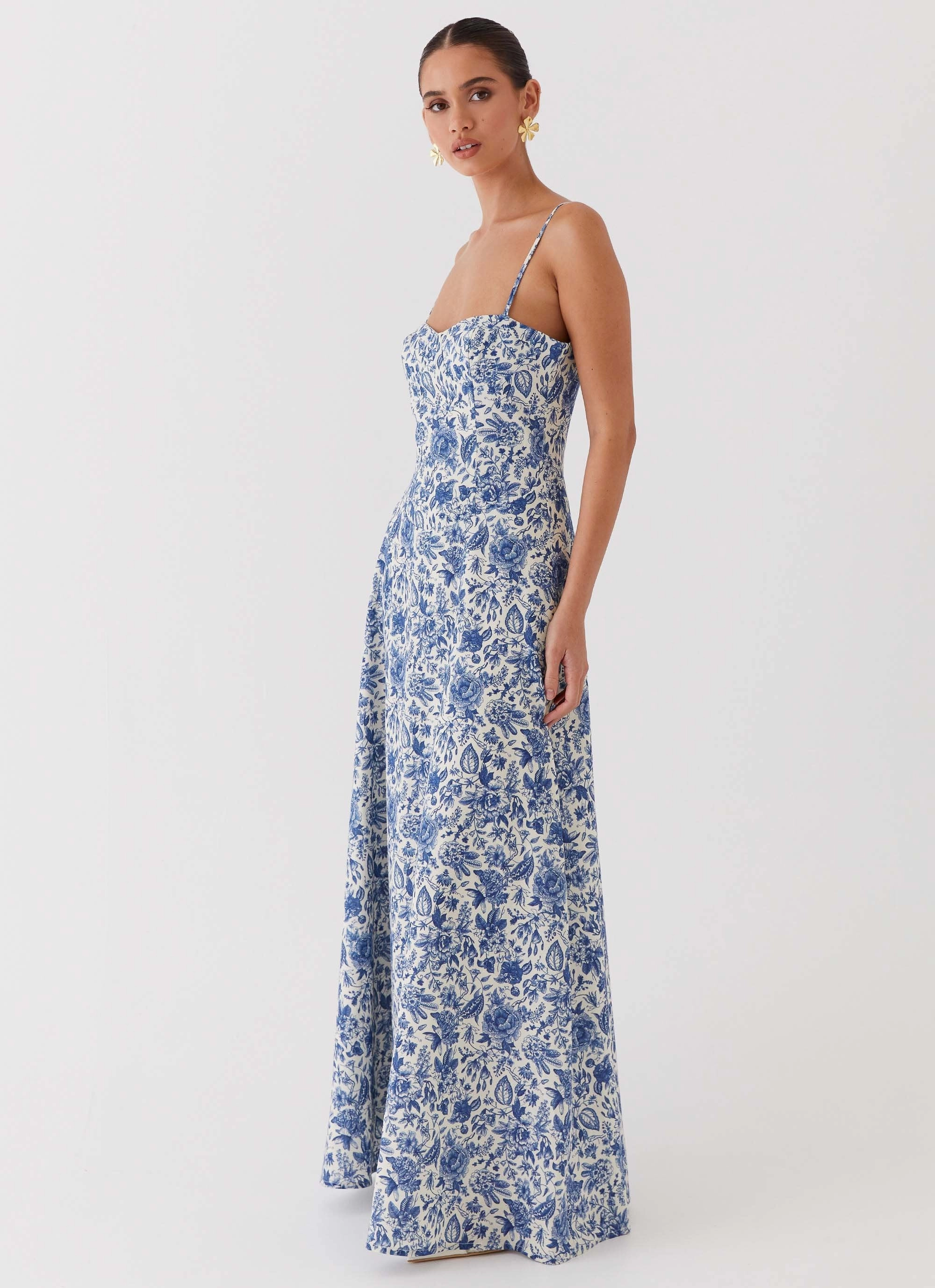 Smooth Line Minimalist Waistband Angelina Linen Maxi Dress - Blue Paisley