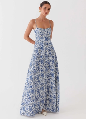 Smart Edge Angelina Linen Maxi Dress - Blue Paisley