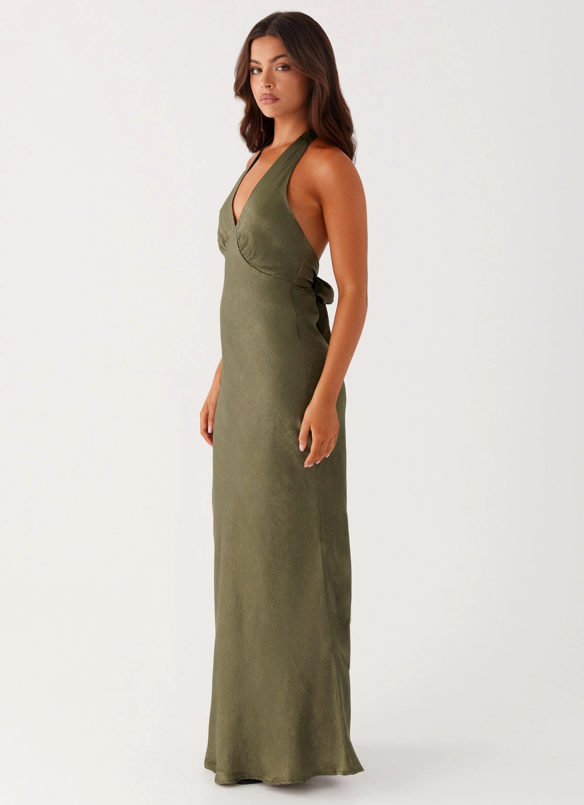 Heavy Hearted Satin Maxi Dress - Khaki Shiny surface Sleek Comfort
