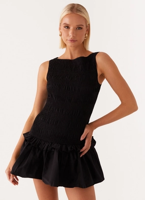 Soft Detail Boho Mood Garden Kisses Shirred Mini Dress - Black