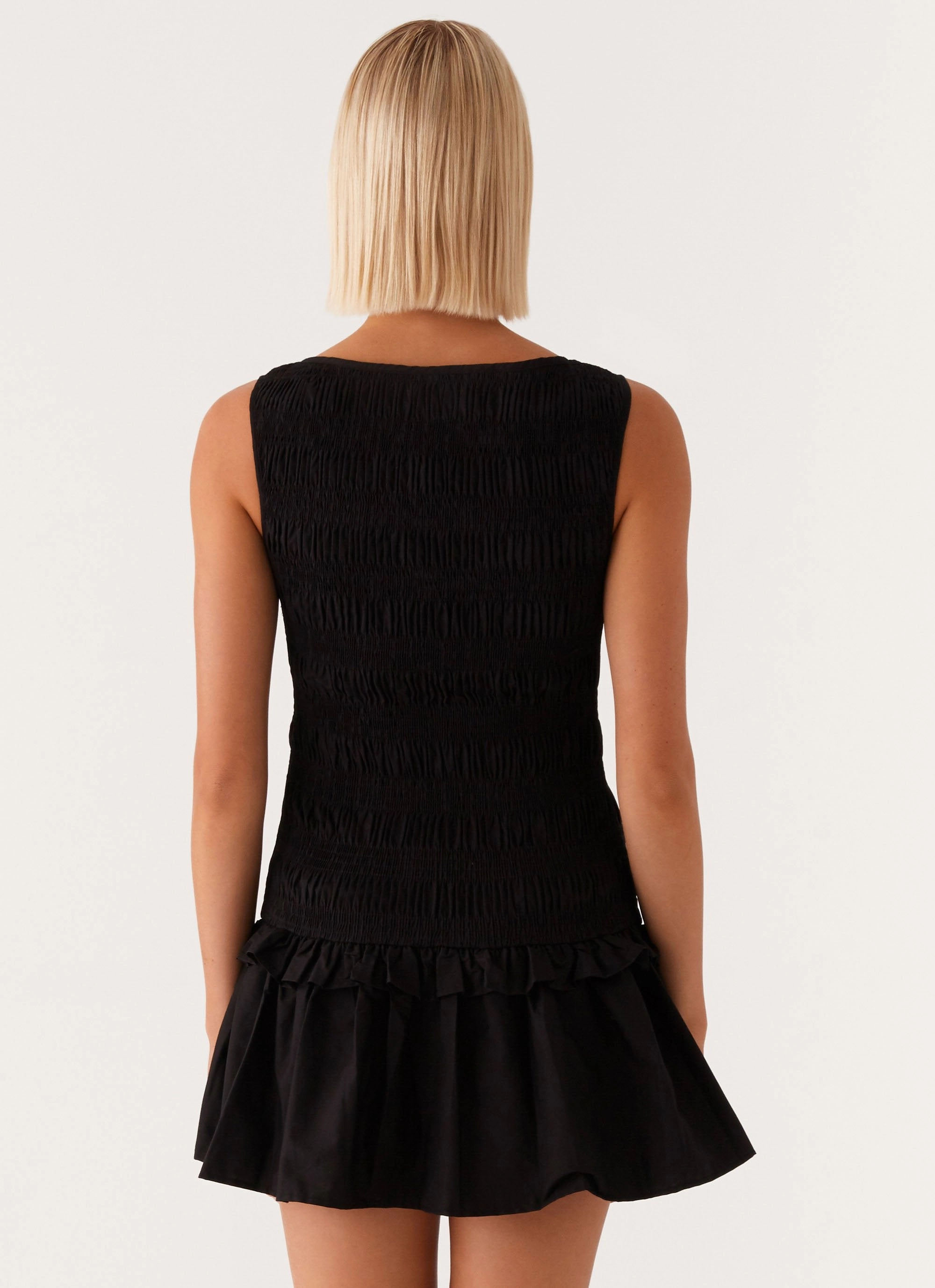 Garden Kisses Shirred Mini Dress - Black Clean Comfort