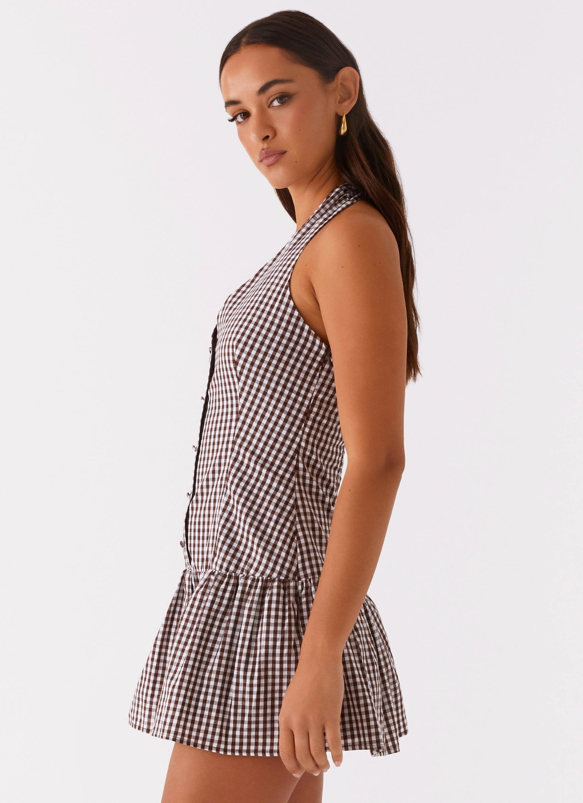 New Look Shirred Halter Mini Dress - Chocolate Gingham Daywear Comfort Spring Ready