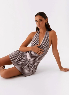 Flattering Shape Wear New Look Shirred Halter Mini Dress - Chocolate Gingham