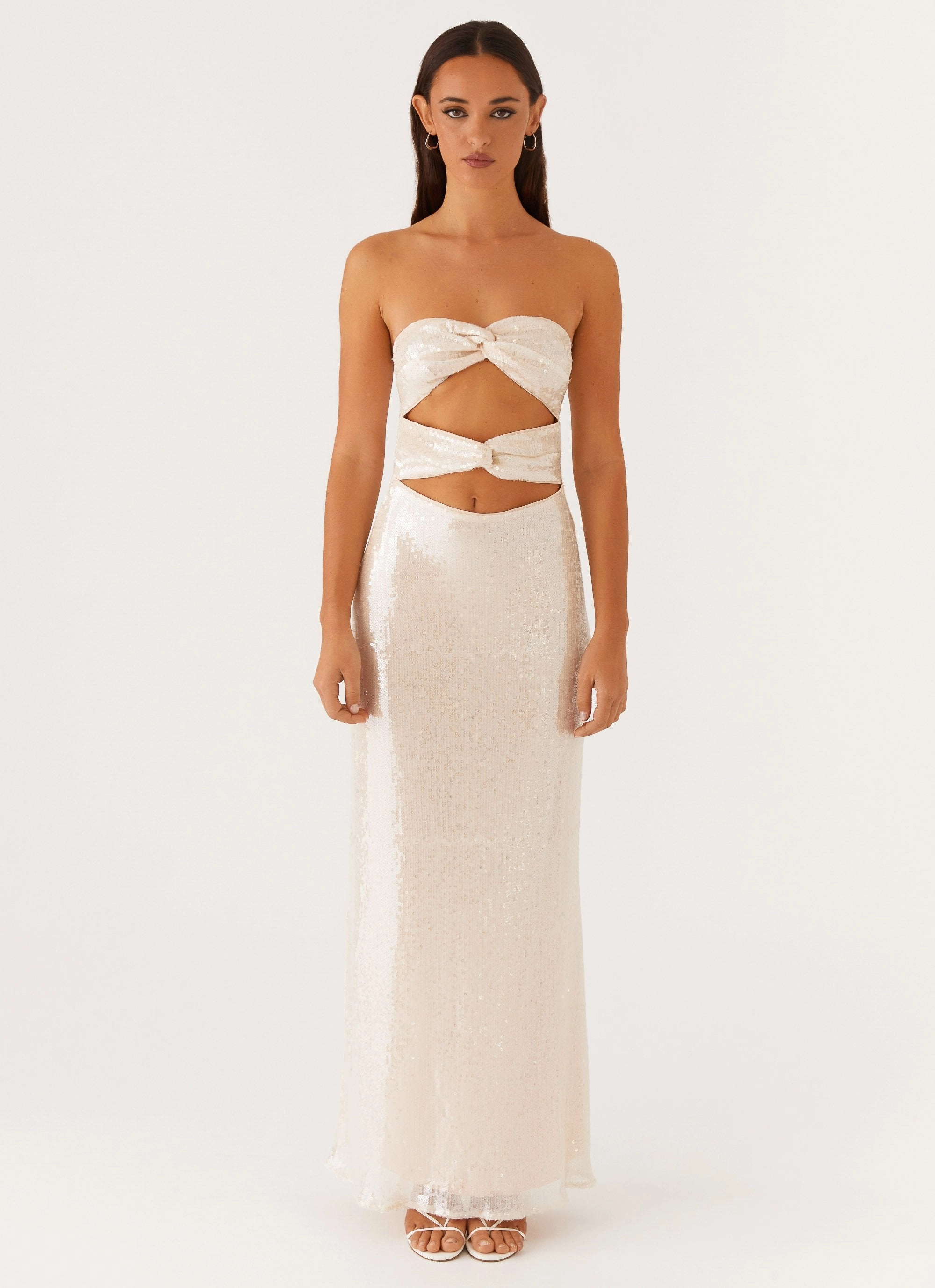 Silk-Blend Neutral Aesthetic Tianna Strapless Sequin Maxi Dress - Ivory