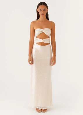 Silk-Blend Neutral Aesthetic Tianna Strapless Sequin Maxi Dress - Ivory