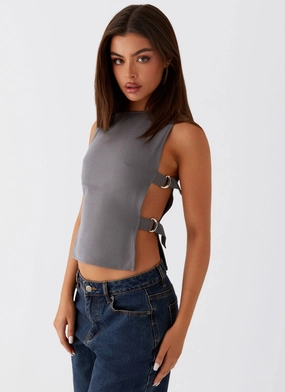 EasyCareMaterial Lightweight Knit Cherish You Buckle Top - Charcoal