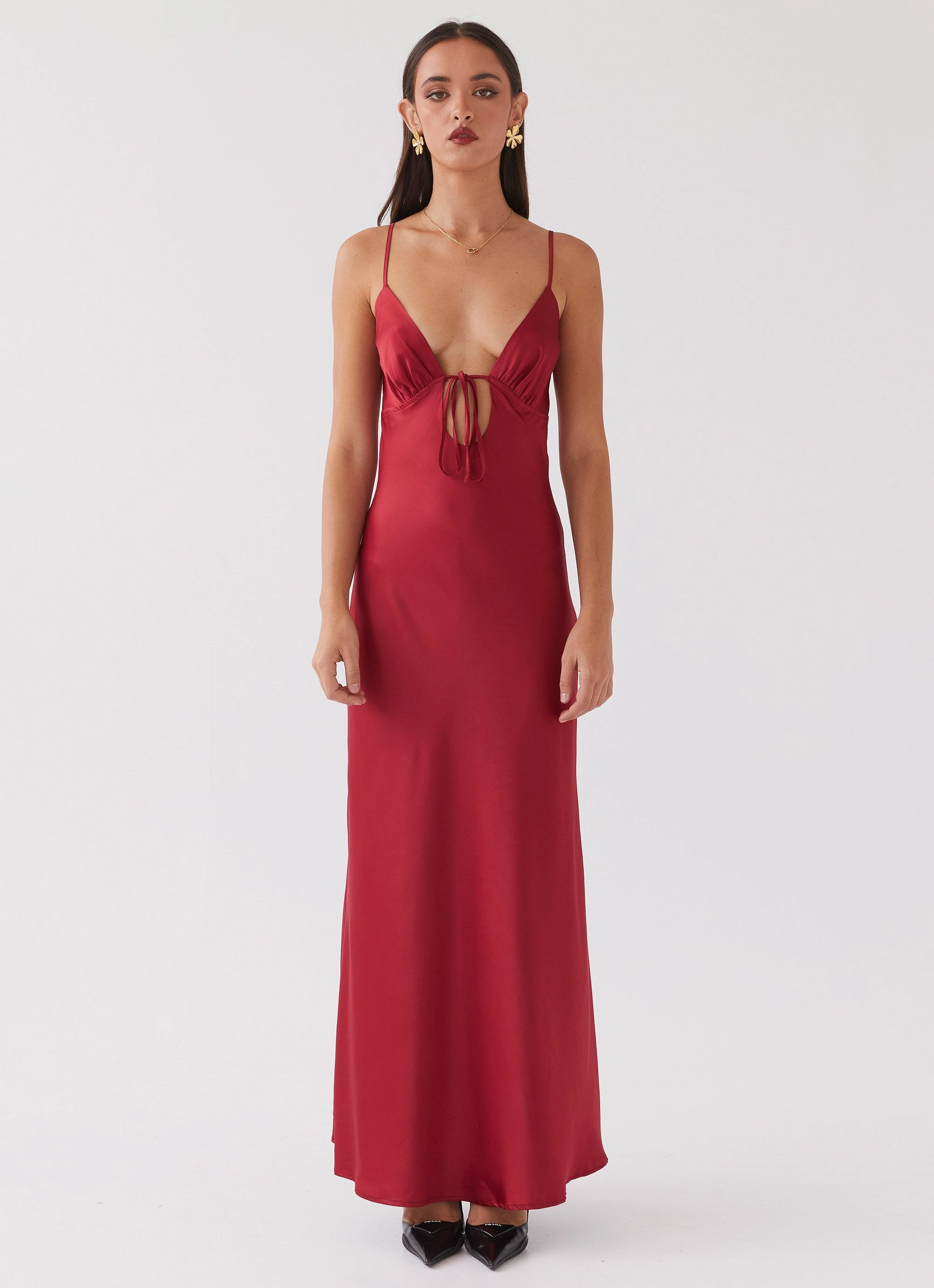 Visual Balance Elastic-Cuff Flora Satin Maxi Dress - Cherry