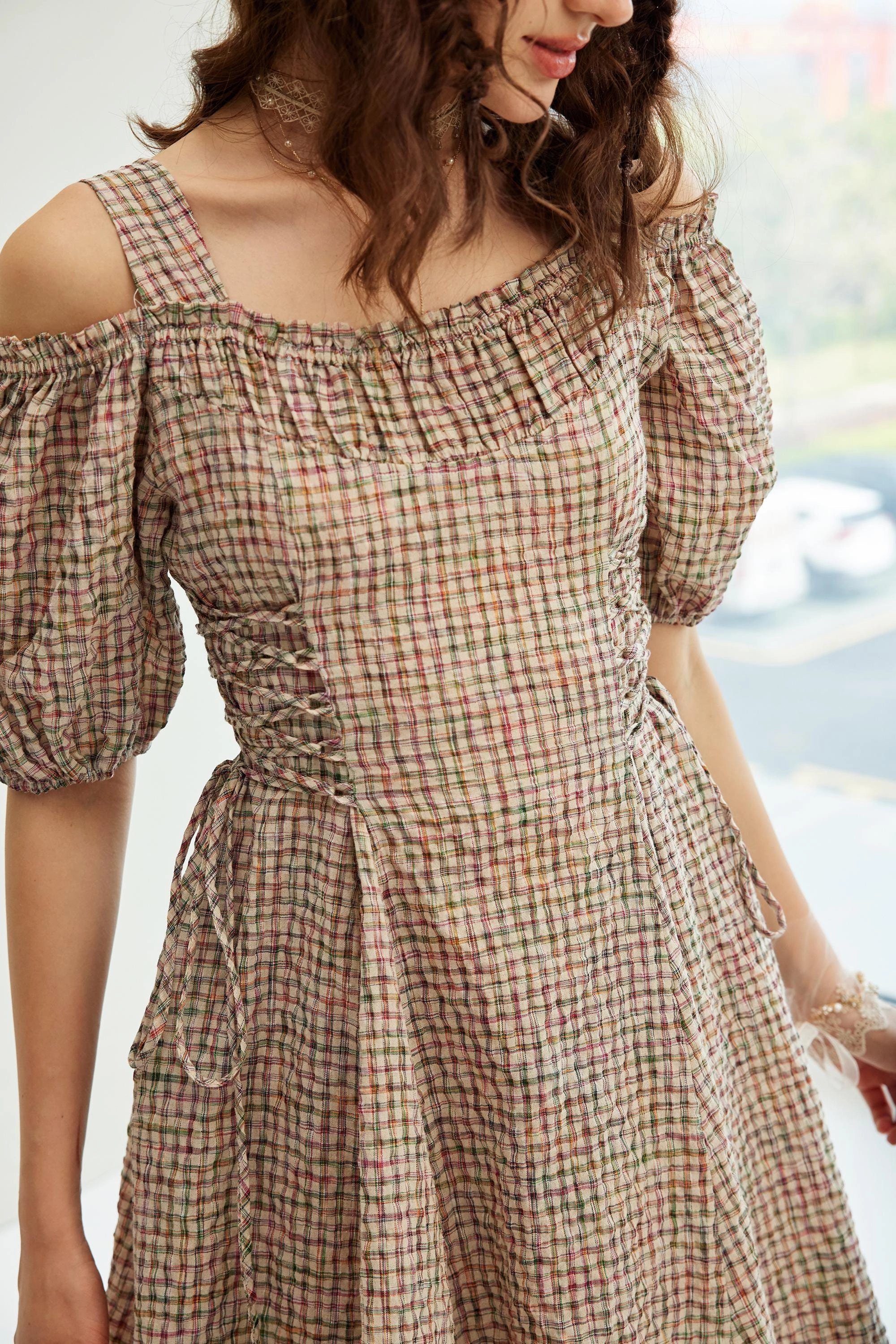 Mia 19 | halter linen dress with puff sleeves Work Ready