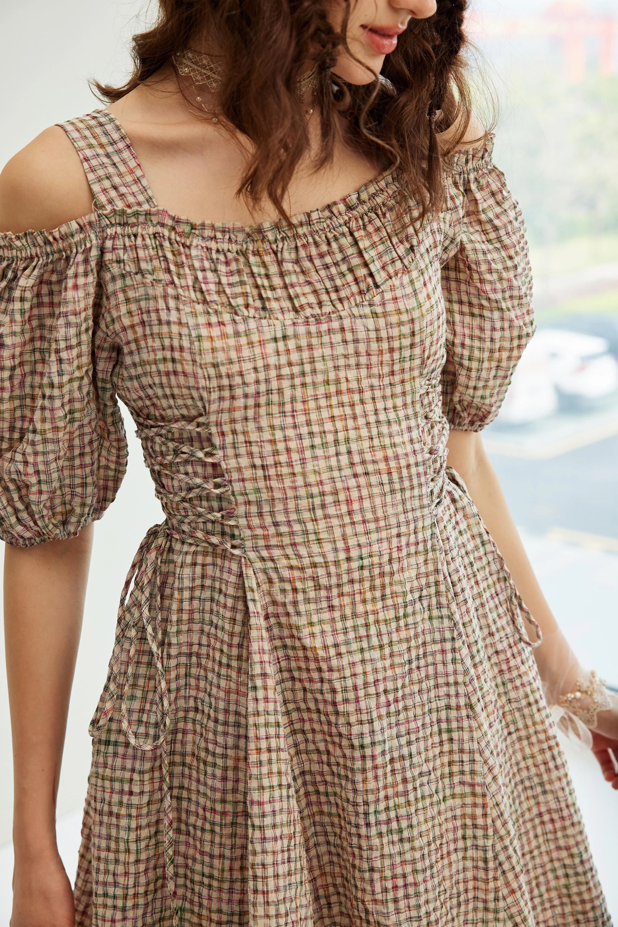 Mia 19 | halter linen dress with puff sleeves Soft Comfort