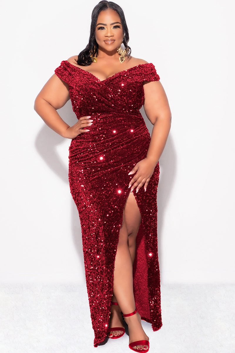 Final Sale Plus Size Off The Shoulder Sequin & Velvet Ruched Gown with Front Slit in Burgundy Double Chest Pocket TemperatureRegulating