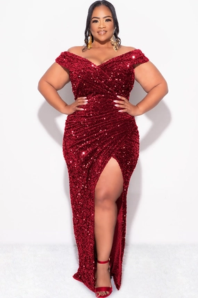 Mesh Lining Wrinkle Resistant Treatment Final Sale Plus Size Off The Shoulder Sequin & Velvet Ruched Gown with Front Slit in Burgundy