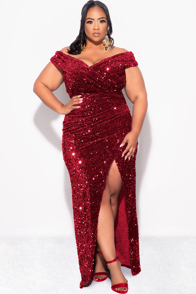 AbrasionResistant Finish Final Sale Plus Size Off The Shoulder Sequin & Velvet Ruched Gown with Front Slit in Burgundy