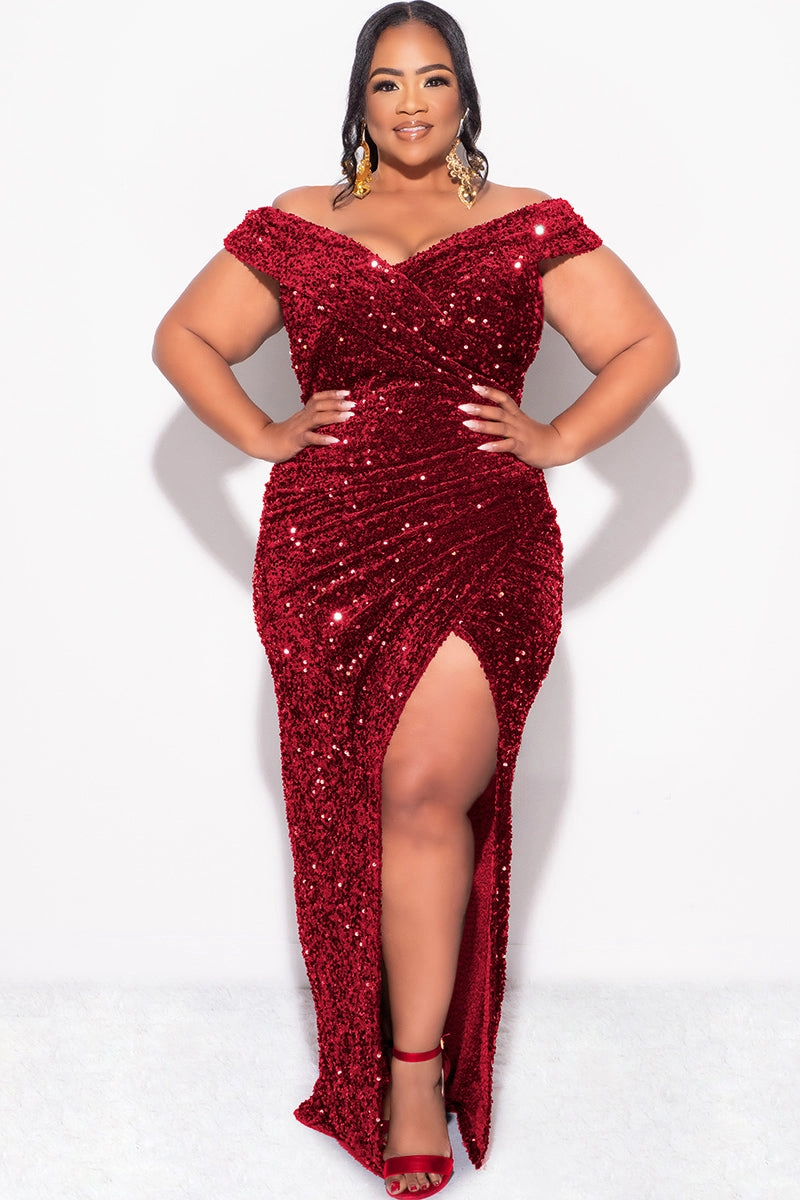 Mesh Lining Wrinkle Resistant Treatment Final Sale Plus Size Off The Shoulder Sequin & Velvet Ruched Gown with Front Slit in Burgundy