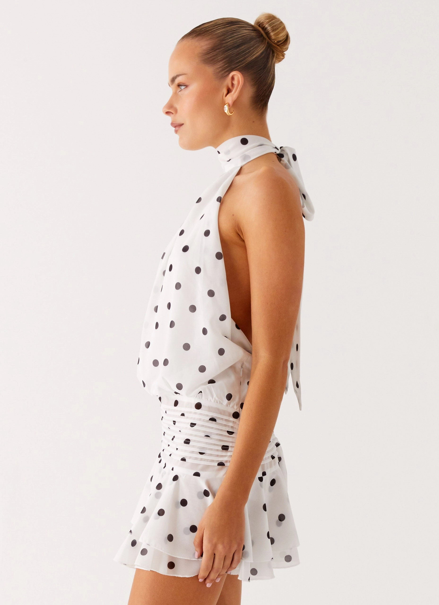 Willow Chiffon Mini Dress - White Polka Dot Comfort Waist Fit Tailored Wear