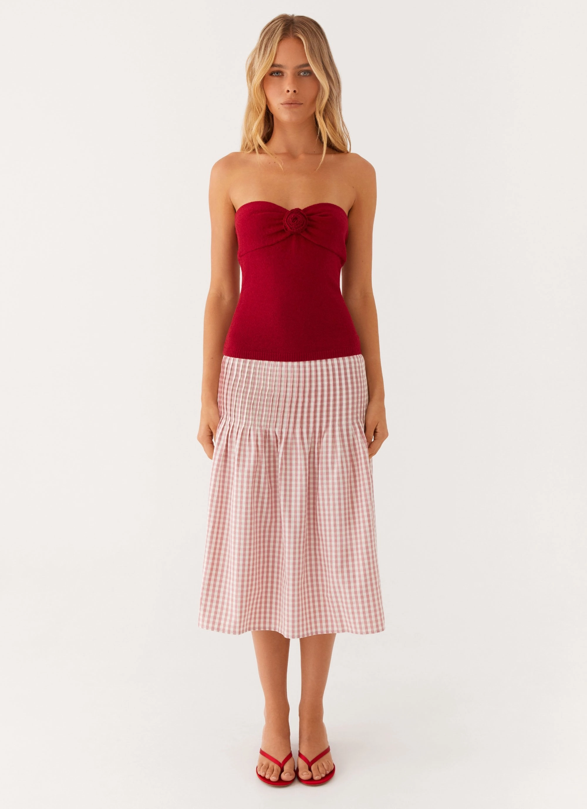 Windproof Technology Non Restrictive Tailoring Dreamscape Midi Skirt - Maroon Gingham