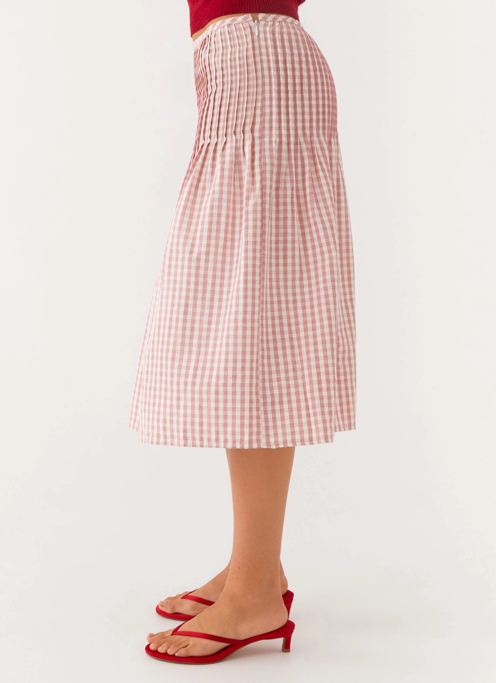 Designer Inspired Cozy Hood Detail Dreamscape Midi Skirt - Maroon Gingham