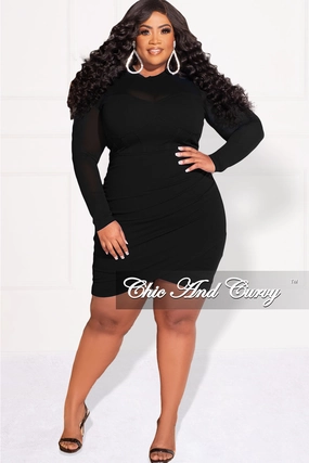 Anti Microbial Lining Reinforced Shoulder Panels Final Sale Plus Size Mesh Top BodyCon Dress in Black