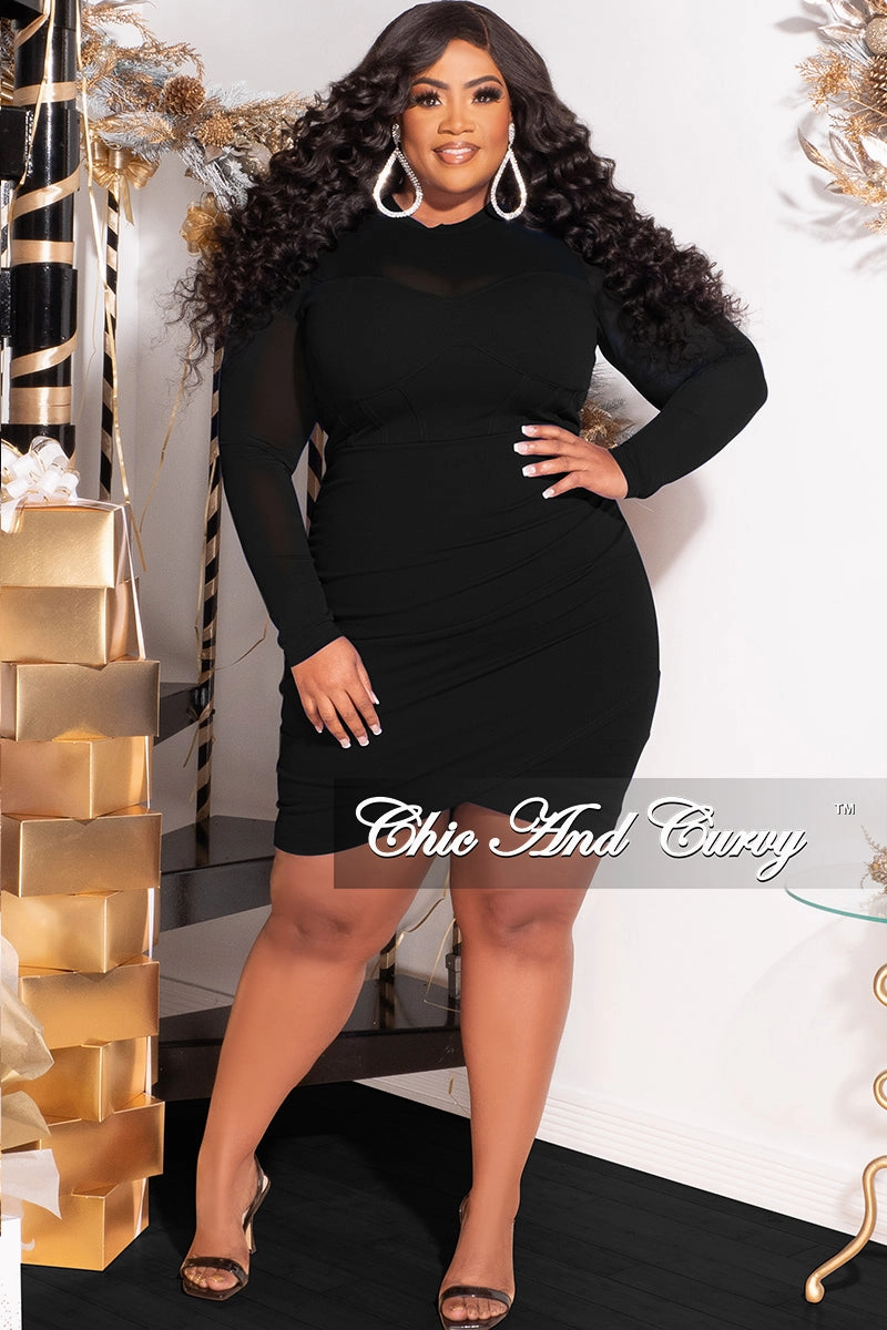 Final Sale Plus Size Mesh Top BodyCon Dress in Black NeutralPalette Button Down Collar