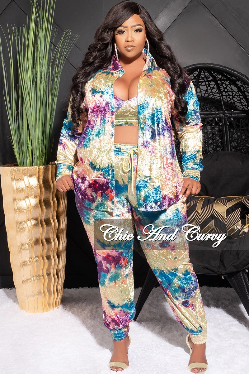 Outdoor Lifestyle Final Sale Plus Size Velvet 3pc (Button Up Collar Top, Crop Bra Top & Pants) Set in Multi Color Print