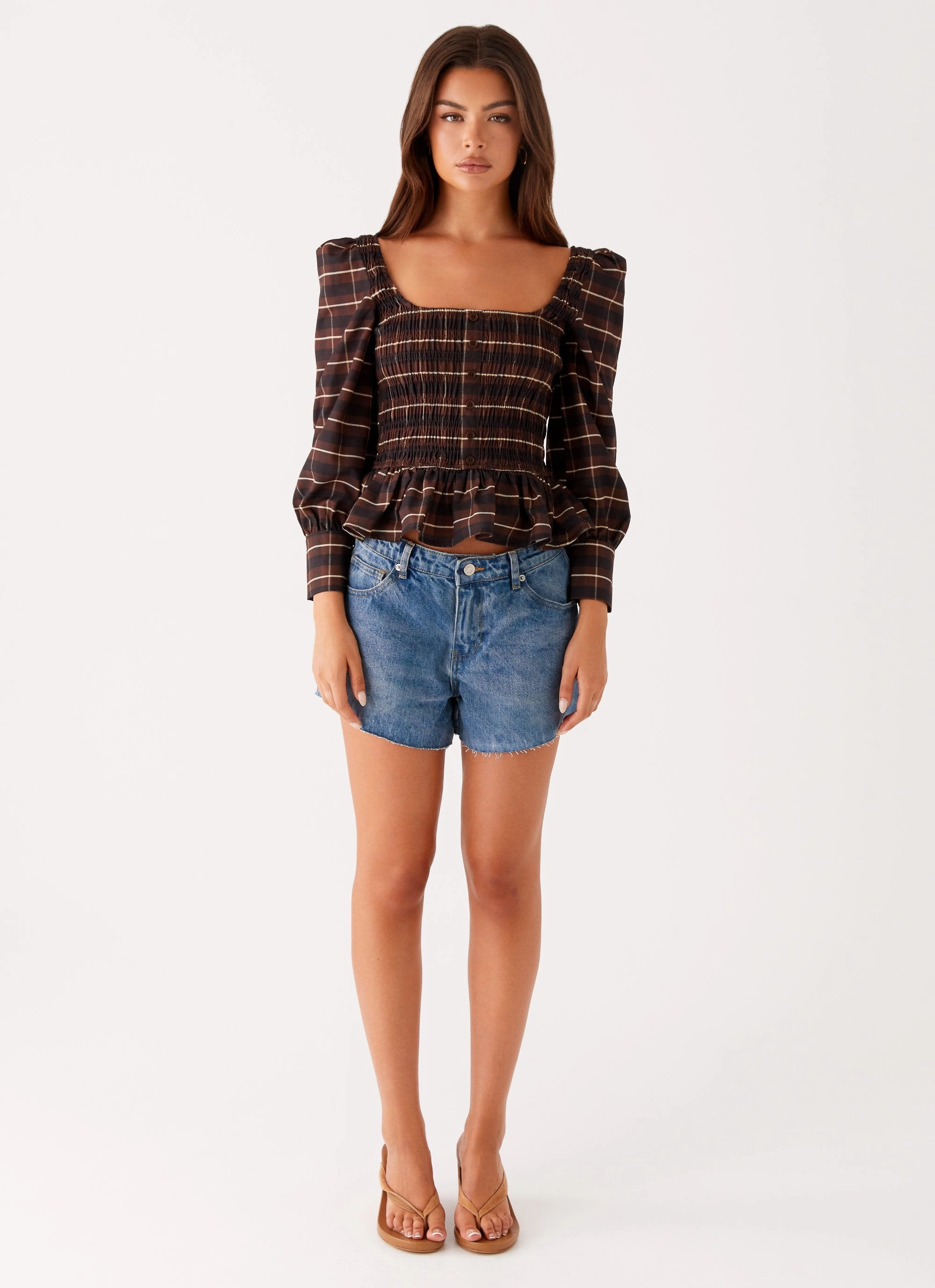 Joyce Long Sleeve Shirred Top - Chocolate Check FeatherlightConstruction