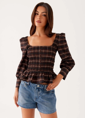 Joyce Long Sleeve Shirred Top - Chocolate Check SoftKnit