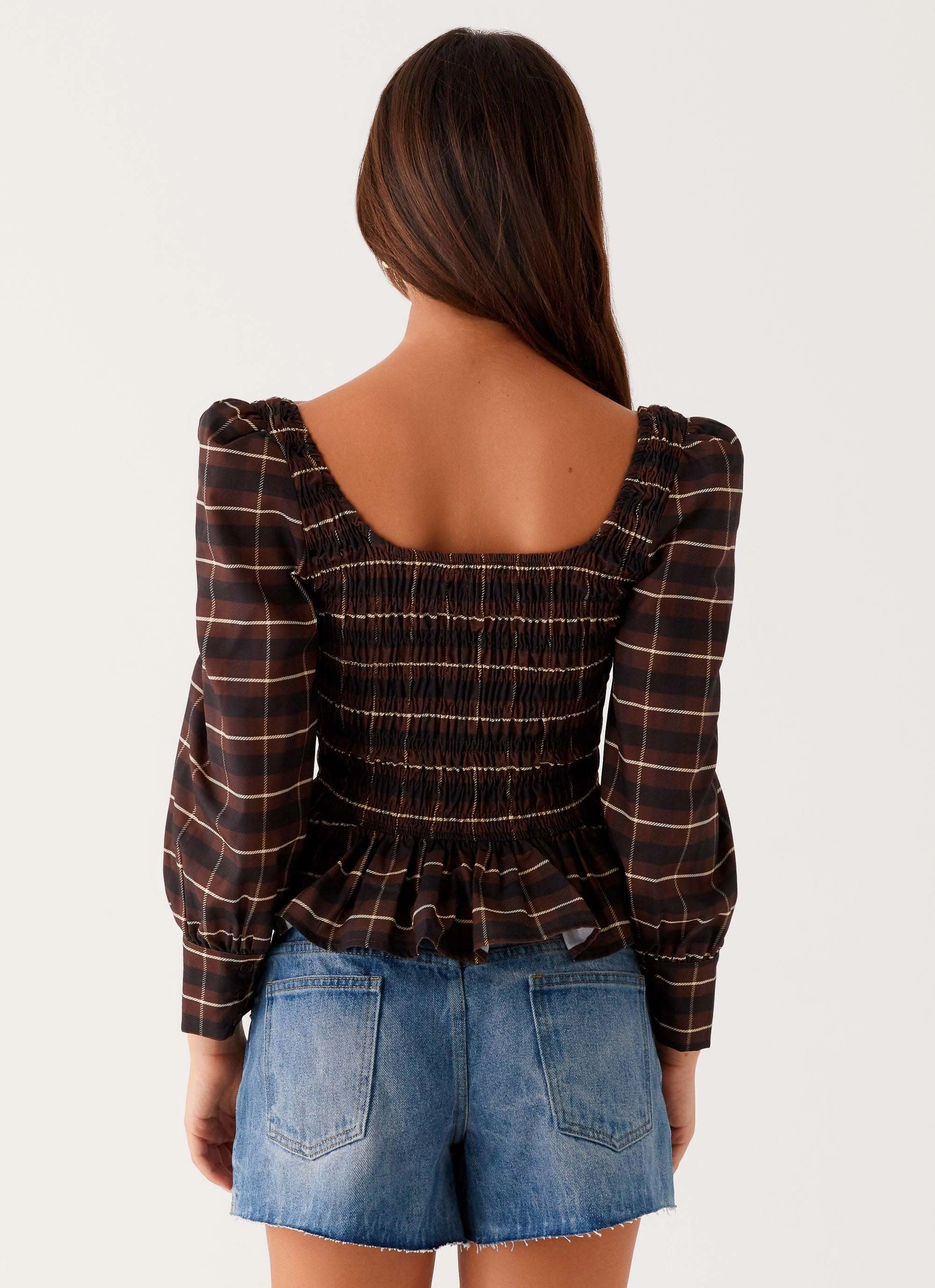 Joyce Long Sleeve Shirred Top - Chocolate Check Fade Resistant Finish AntiPilling Technology