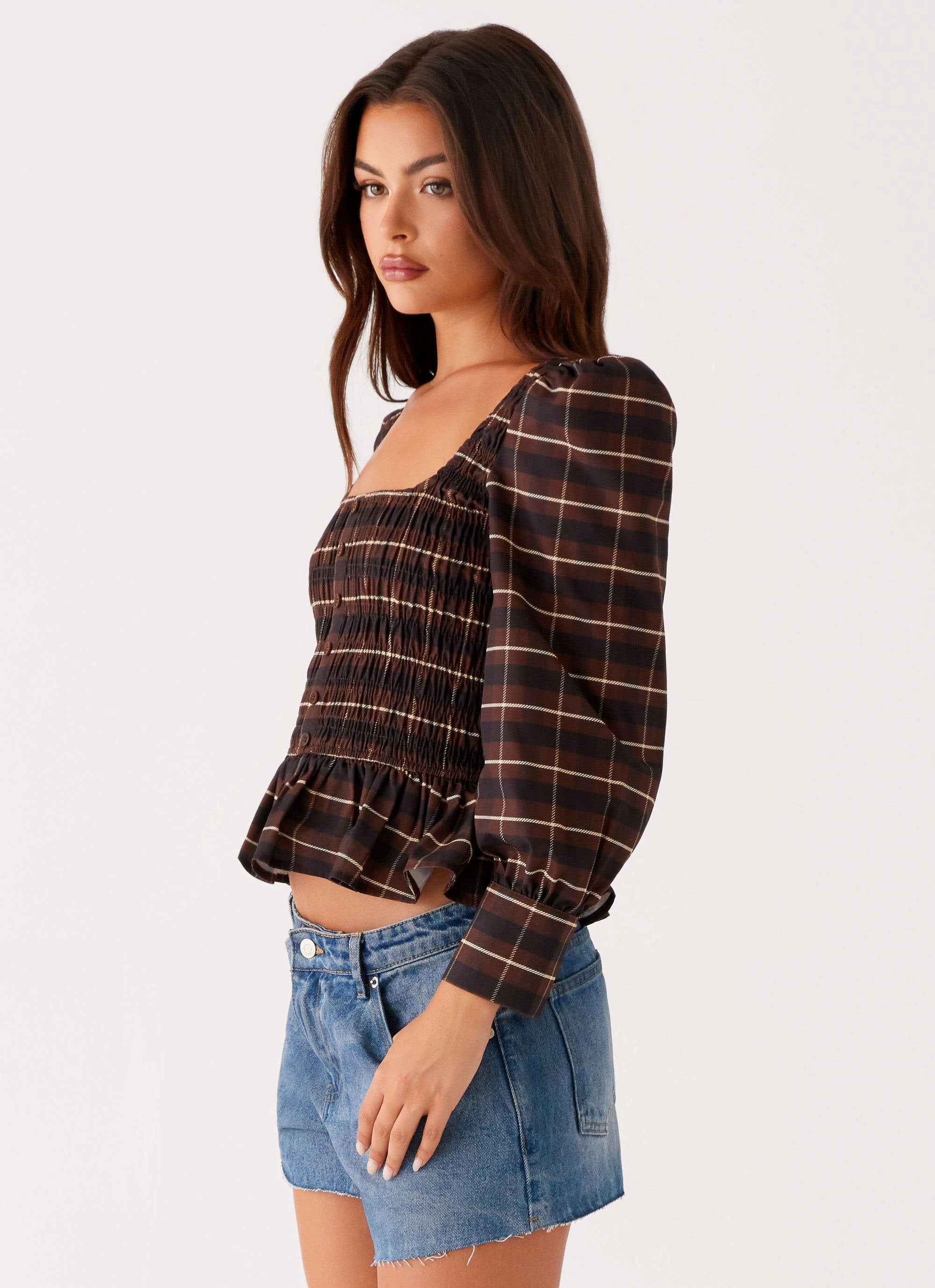 Joyce Long Sleeve Shirred Top - Chocolate Check OrganicCotton Temperature Regulating Textile