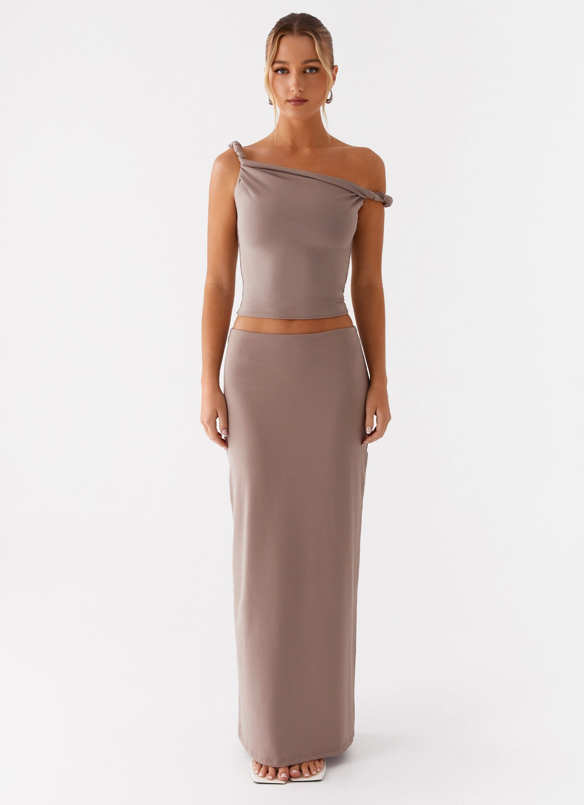 Zero Waste Cut Pattern YarnDye Technique Solace Soul Twist Shoulder Top - Taupe