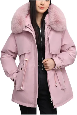 Snow Jackets for Women Winter Warm down Coats Plus Size Fuzzy Hooded Puffer Jackets Outdoor Waterproof Parka Coats