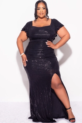 DoubleLayered RelaxedFit Final Sale Plus Size Confetti Dot Knit Sequin Flutter Sleeve Gown with Side Slit in Black
