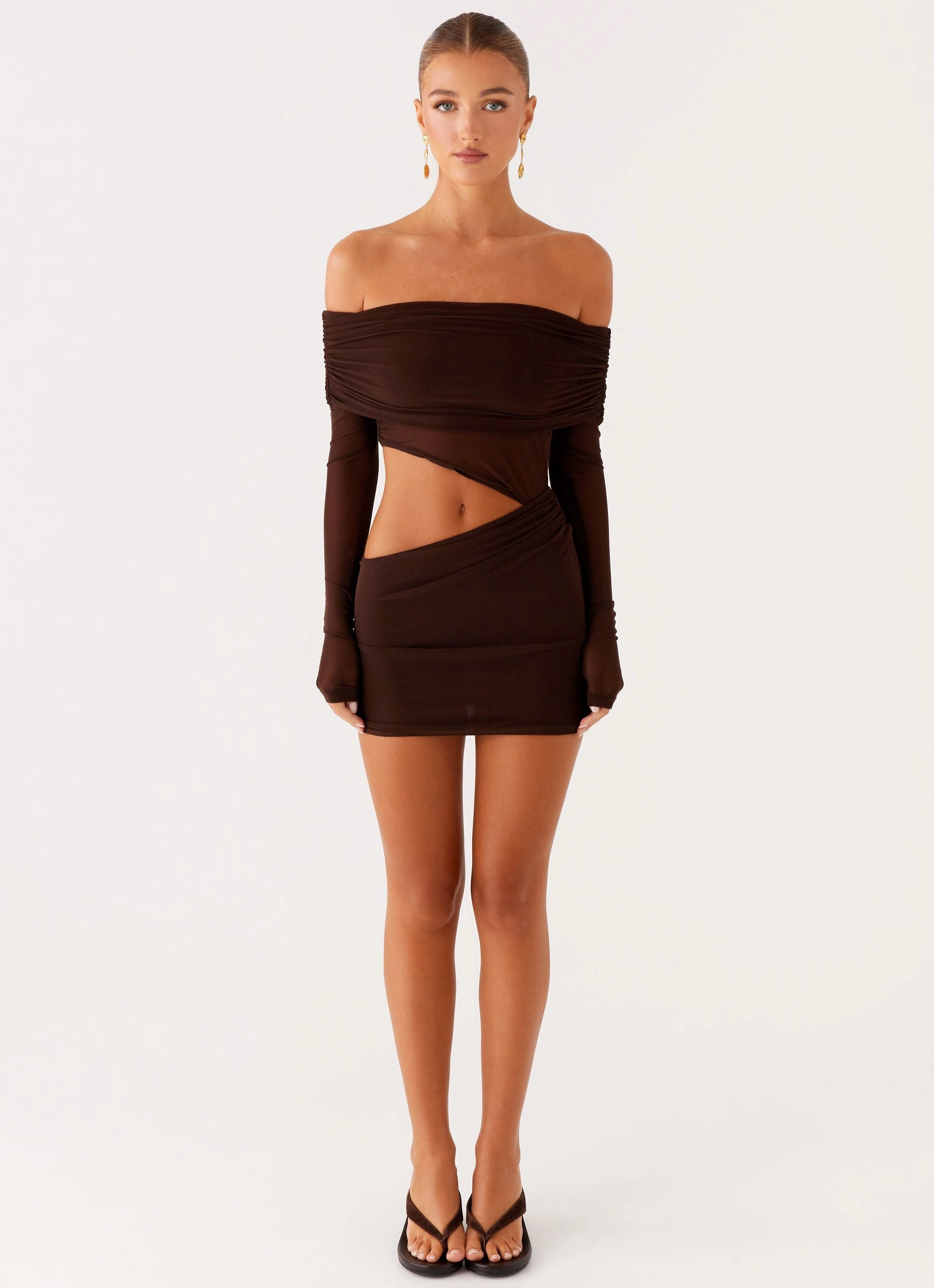 Silky Drape Balanced Texture Emery Mini Dress - Chocolate