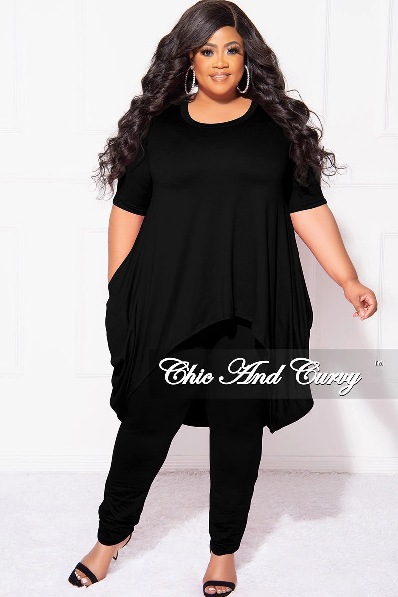 Minimal Waist Final Sale Plus Size 2pc Short Sleeve High Low Top And Leggings Set In Black