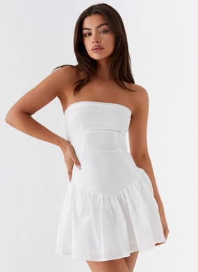 Larnie Linen Mini Dress - White Relaxed Waist Fit Light Weave