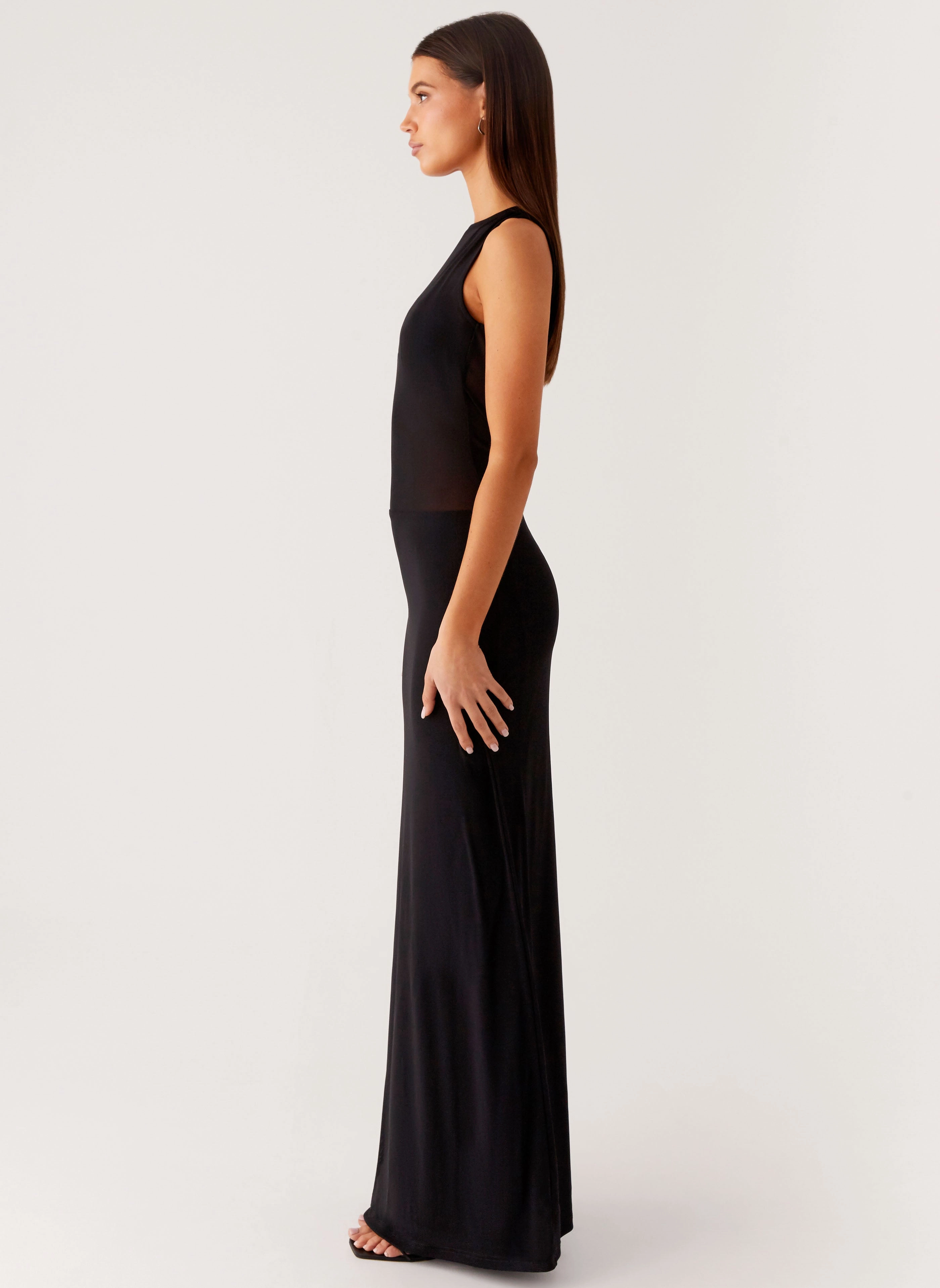 Lyria Mesh Maxi Dress - Black Drawstring-Closure Sophisticated Wear