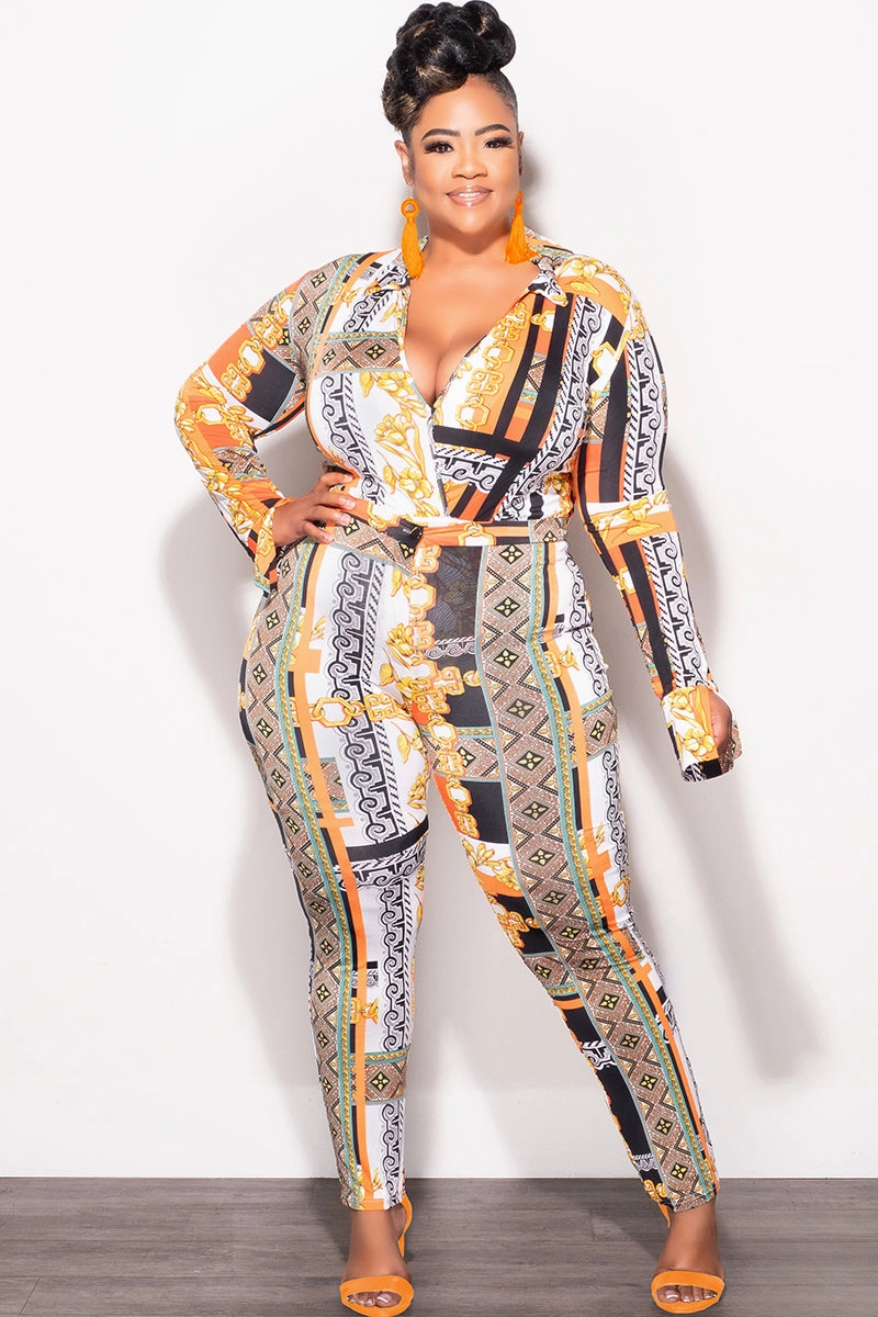 Final Sale Plus Size 2pc (Bodysuit & Pants) Set in Orange Gold Print Trendy Cut