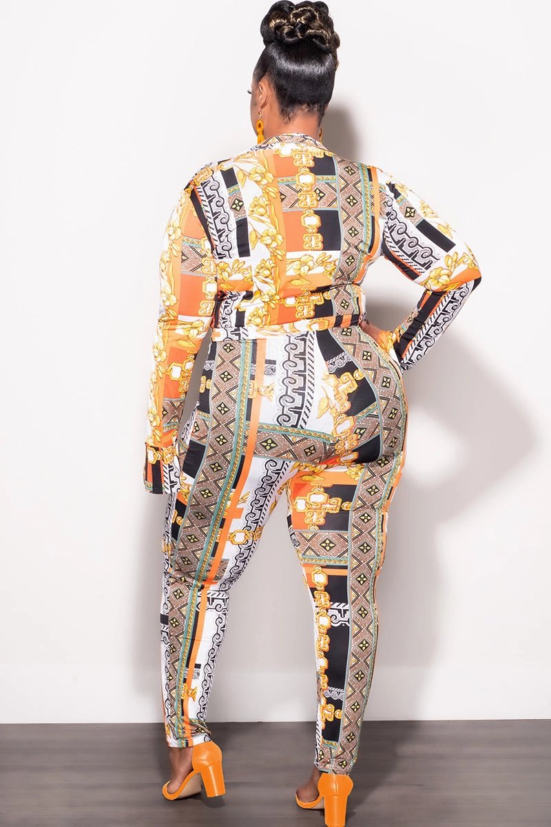 Final Sale Plus Size 2pc (Bodysuit & Pants) Set in Orange Gold Print Weekend Style Fashionable Cut