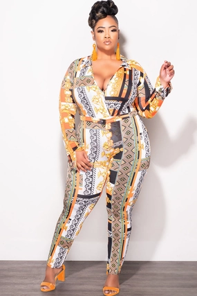 Final Sale Plus Size 2pc (Bodysuit & Pants) Set in Orange Gold Print Multi Pocket System