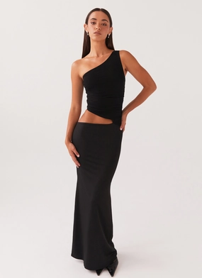 Seranella One Shoulder Maxi Dress - Black Shiny surface summer breeze