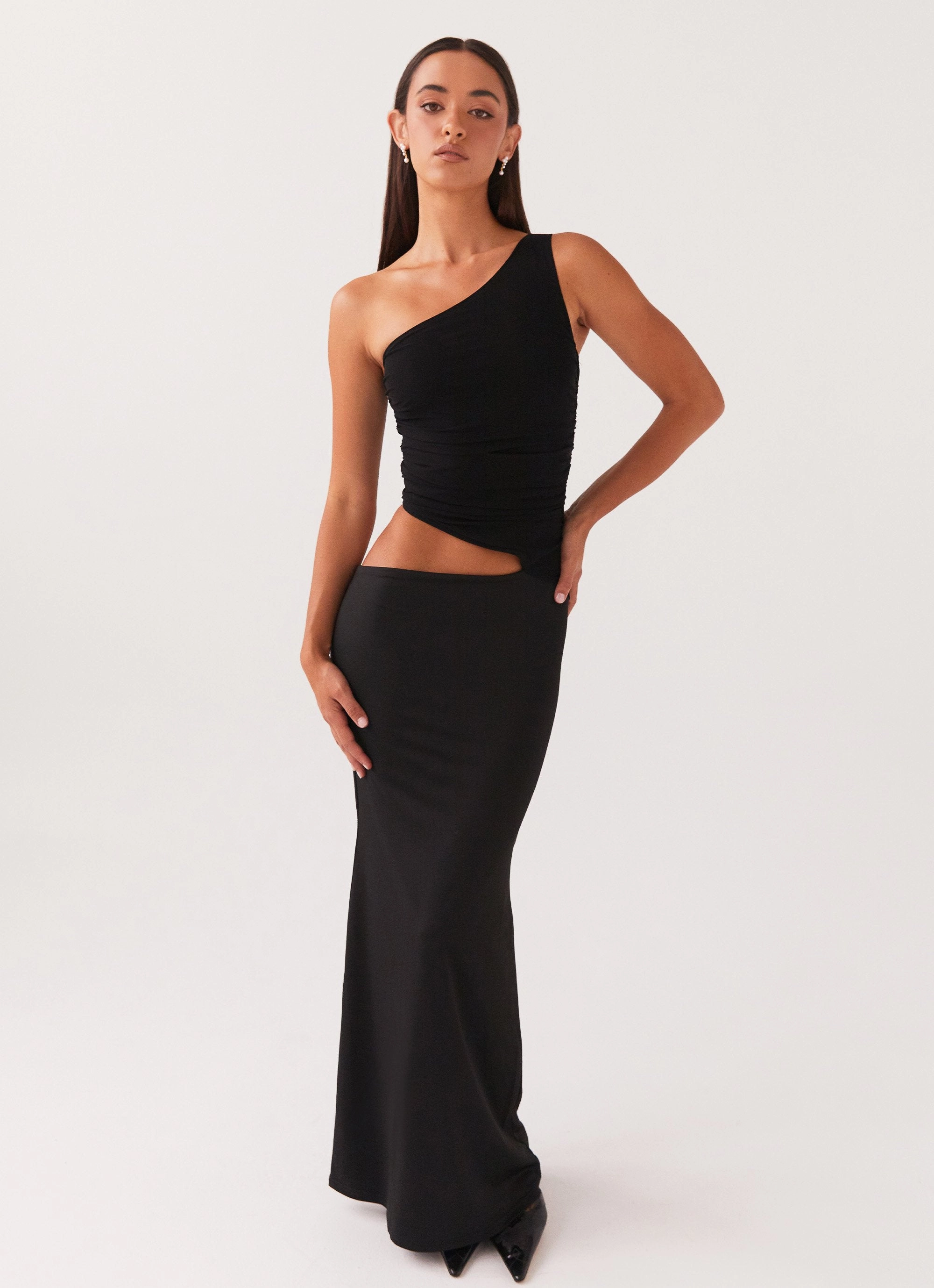 Seranella One Shoulder Maxi Dress - Black Shiny surface summer breeze