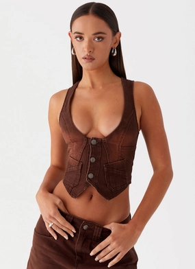 Classic Fit Cut Heading South Denim Vest - Brown