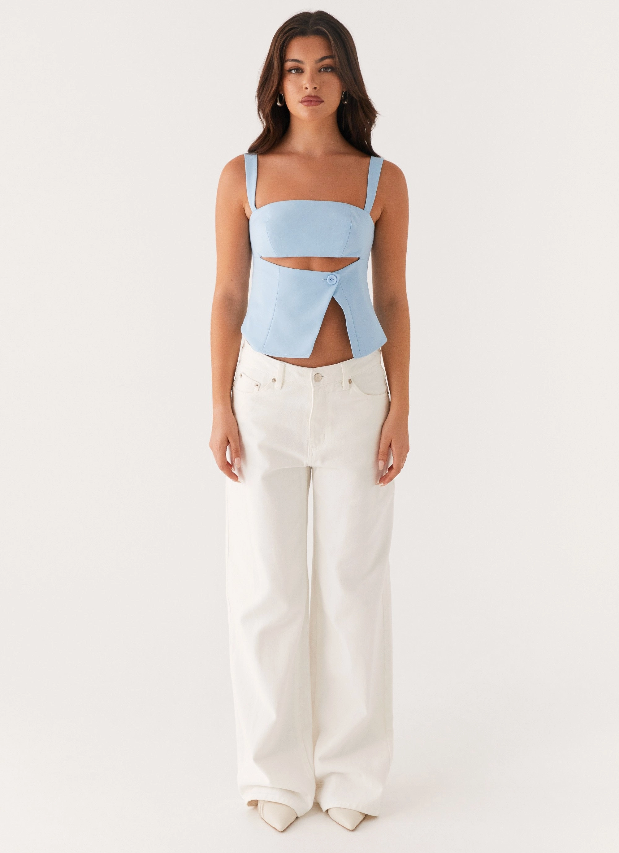Resilient Fabric Blend ribbed texture Pia Cut Out Top - Pastel Blue