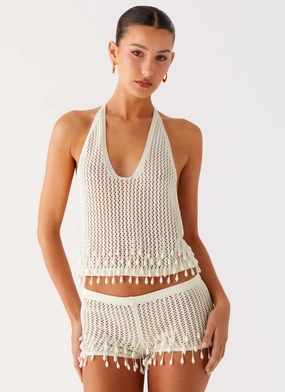 AntiPillingSurface FourWay Stretch Fabric Pearl Shore Beaded Crochet Top - Ivory