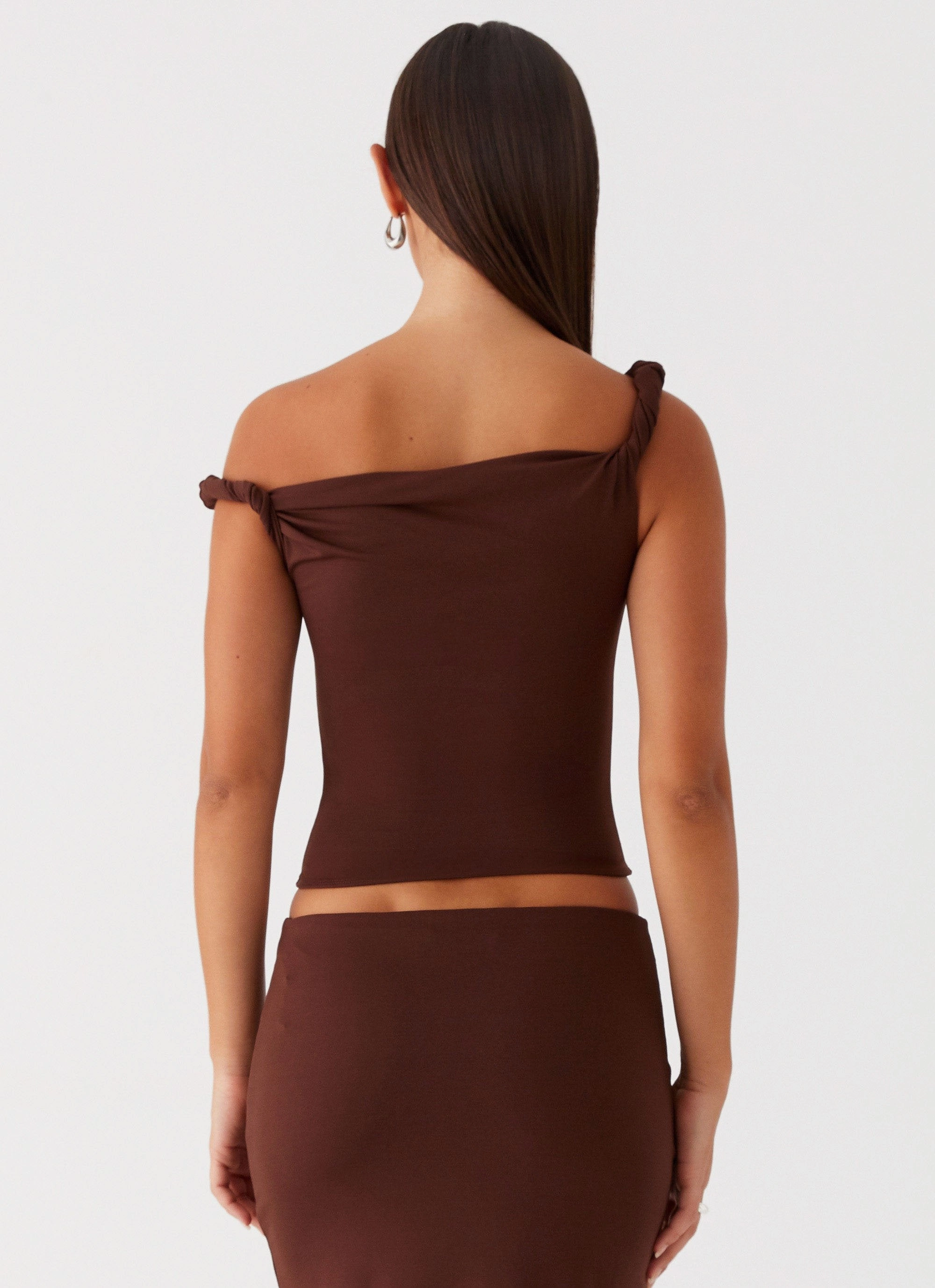 Solace Soul Twist Shoulder Top - Chocolate FadeResistant Dye Sustainable Manufacturing Process