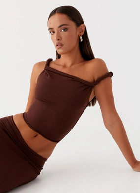 Solace Soul Twist Shoulder Top - Chocolate Raw Edge Detail