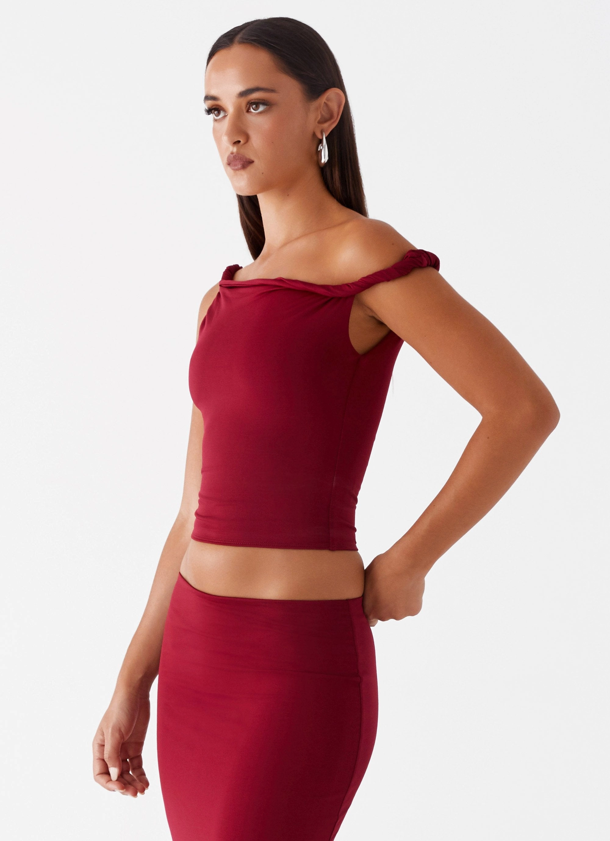 DoubleLayered Neckline Chic Sweater Solace Soul Twist Shoulder Top - Maroon