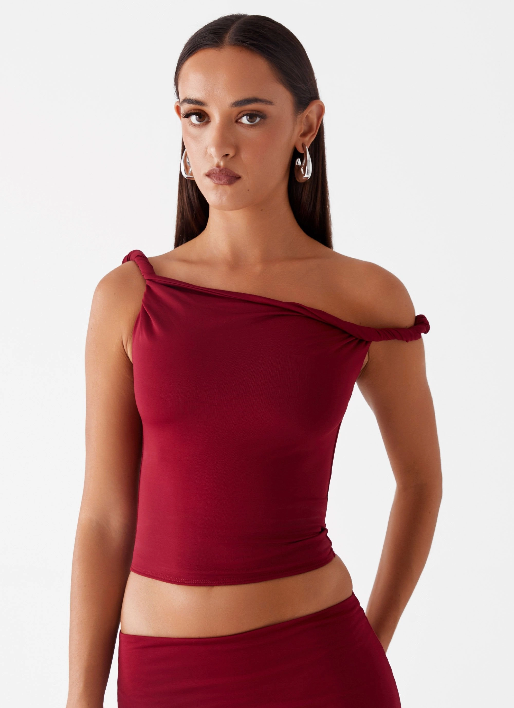 Solace Soul Twist Shoulder Top - Maroon MultiPurposeUtility