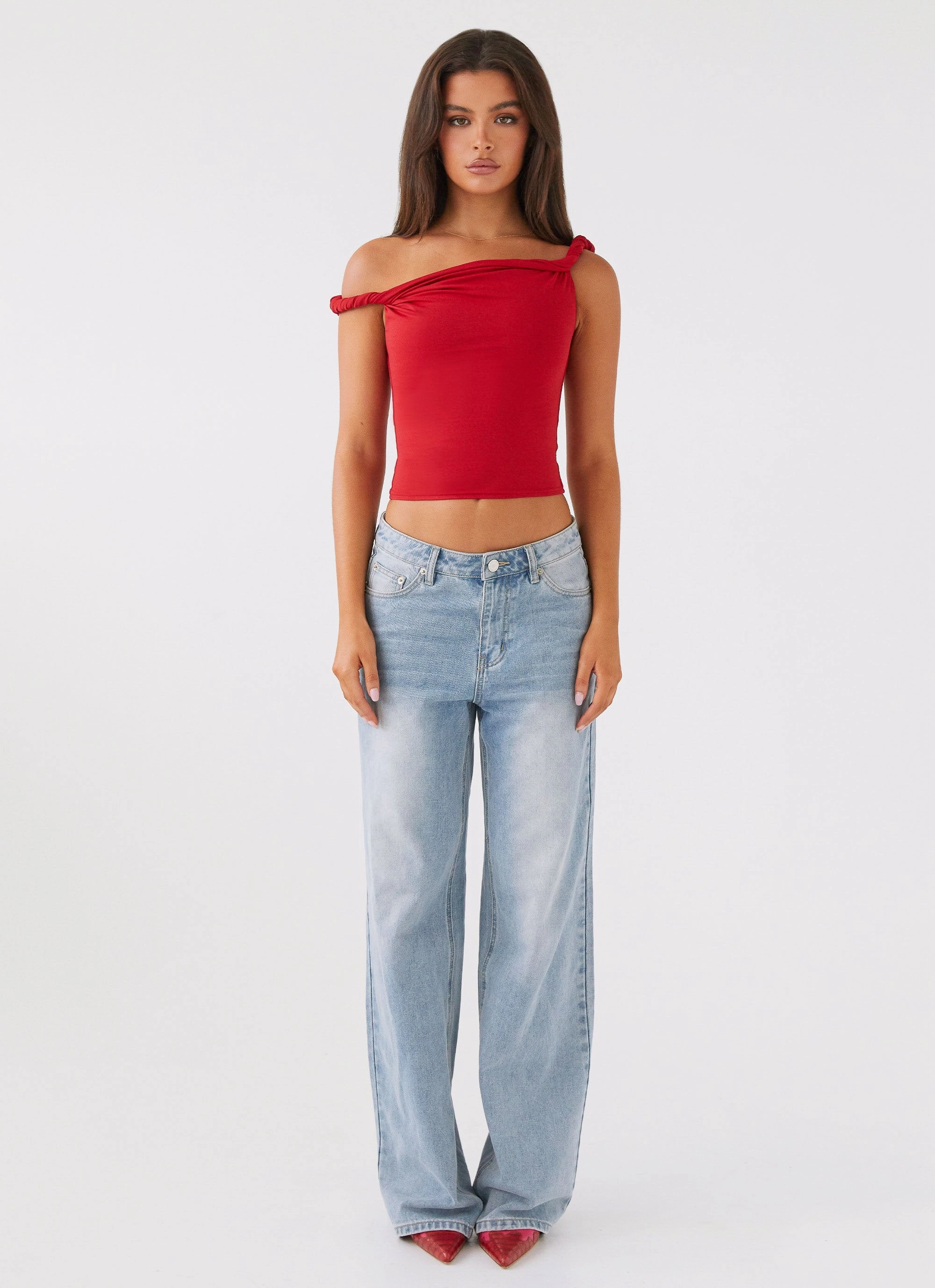 Tagless Neckline WrinkleFree Structure Solace Soul Twist Shoulder Top - Red